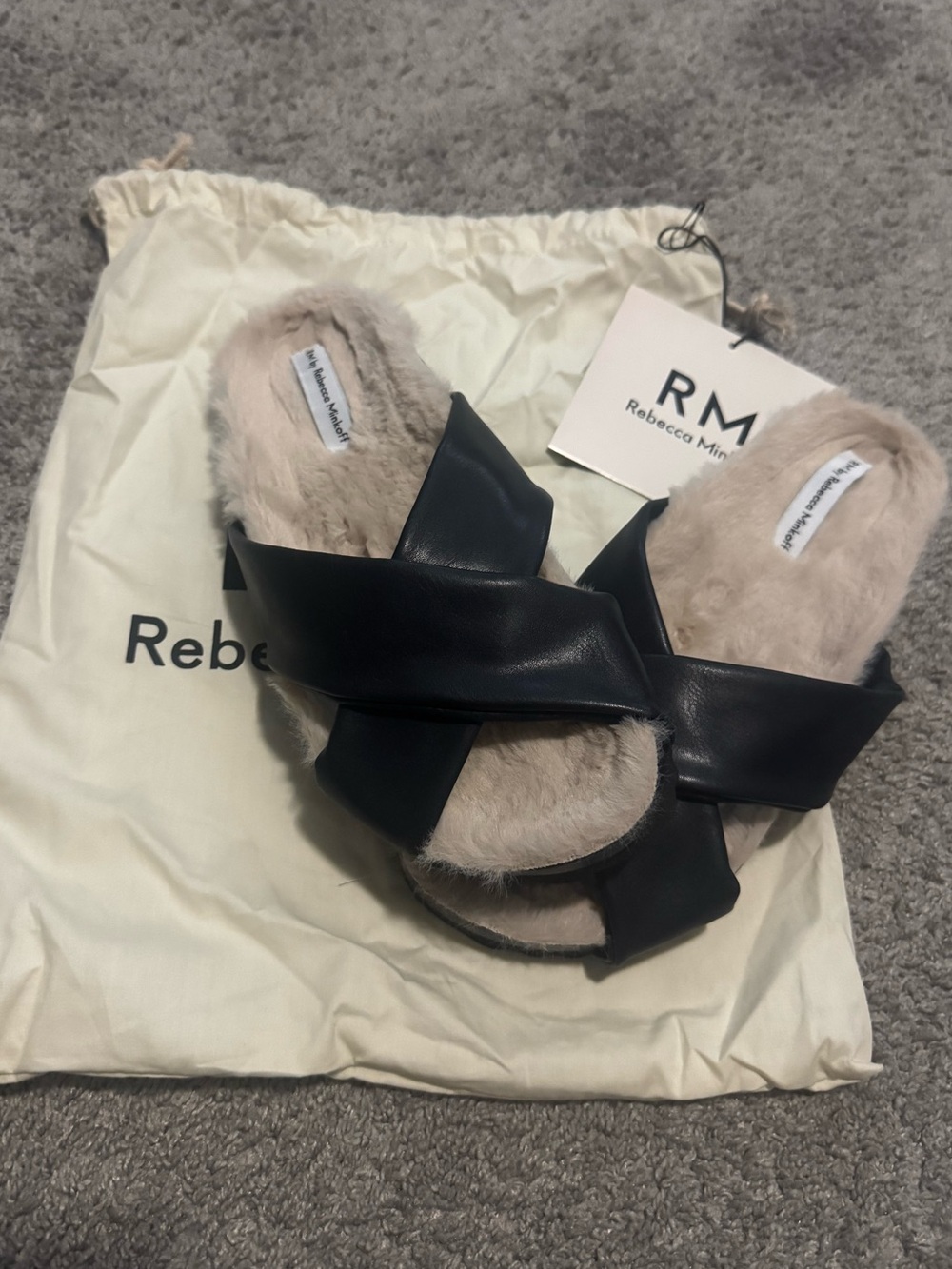 Rebecca Minkoff Black Crossover Faux-Leather Fur Slides